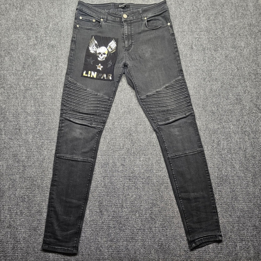 Elwood Mens Skinny Moto Biker Jeans Black Skull Patch EMB020662 Size 32